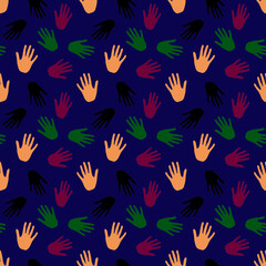 multicolored hand prints on blue background