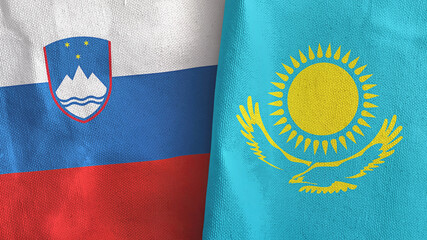 Kazakhstan and Slovenia two flags textile cloth 3D rendering