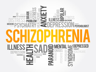 Schizophrenia word cloud collage, health concept background