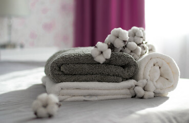 Towels on the bed at the hotel. Wellness spa