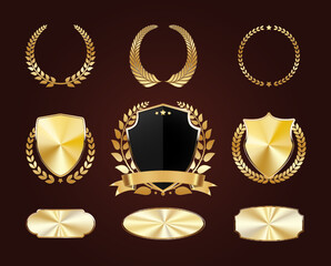 Set of golden shields. Luxury gold labels. Glossy metal badges. Collection of seals, laurel, ribbon - obrazy, fototapety, plakaty
