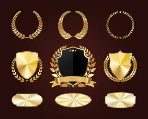 Fotobehang Set of golden shields. Luxury gold labels. Glossy metal badges. Collection of seals, laurel, ribbon © Sergio Lucci