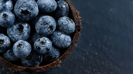 Freshly picked blueberries in coconut bowl on dark background. Healthy organic seasonal fruit background. Berries closeup
