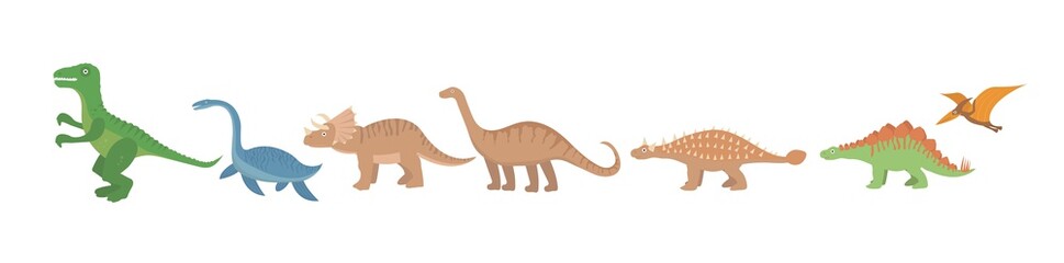 Dinosaurs flat icon set, cartoon style. Collection of objects with pterosaur, stegosaurus, triceratops, allosaurus, tyrannosaurus, apatosaurus, brontosaurus ankylosaurus plesiosaurus Vector