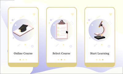 Mobile application design template set for Online Course, Select Course and Start Learning. UI on boarding screens design concept. 3D Isometric modern vector illustrations for user interface.