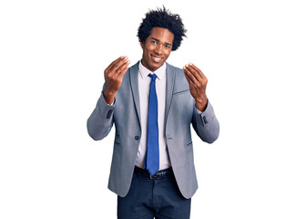 Handsome african american man with afro hair wearing business jacket doing money gesture with hands, asking for salary payment, millionaire business