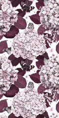 Pattern hydrangea with butterflies. Hand drawing in gouache. Suitable for the design of fabric, paper