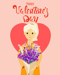 Valentine's day greeting card girl with flowers