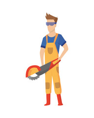 Builder. Construction worker with professional equipment during building activity. Vector illustration. Professional construction worker character