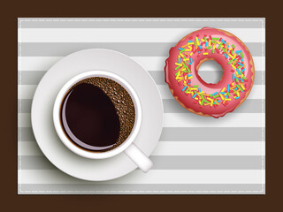 Cup of coffee on warfare dish, donut in glaze. Breakfast image, top view. Morning drink with sweetness. Hot coffee cup on white platter, donut glaze. Light snack top banner. Still life dessert
