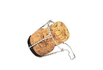 Champagne cork with muselet on a white background. Copy space.