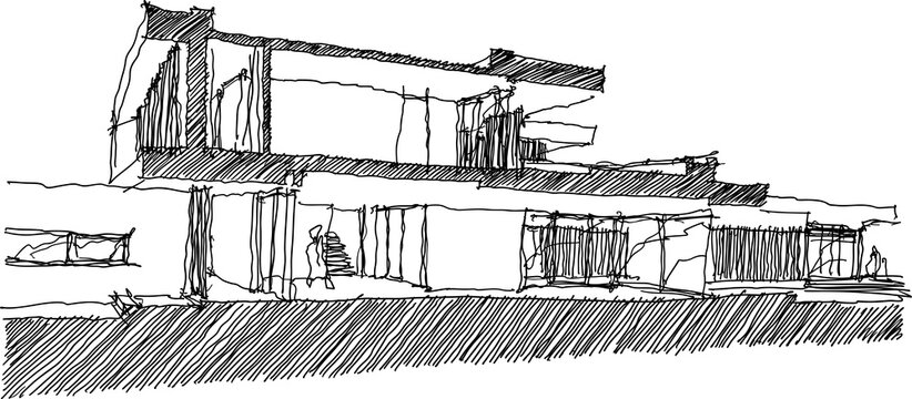 hand drawn architectural sketch of section of modern two story detached house with flat roof and people around
