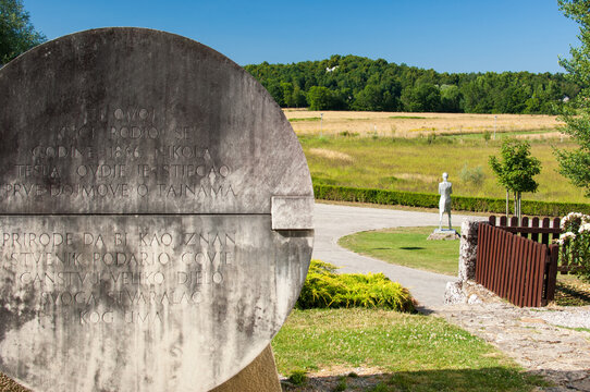 Smiljan, Croatia - July 11, 2015: Nikola Tesla Memorial center circle sculpture and Tesla sculpture