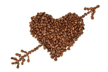 The coffee beans are folded in the shape of a heart. An arrow pierces this heart.