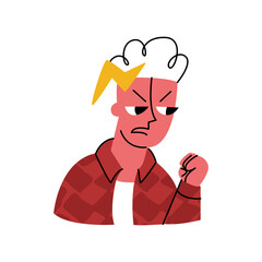 Vector flat illustration with concept of aggression, threat, stress, bullying, negative emotions. Abstract man is depicted, lightning glows near his head. It is metaphor.