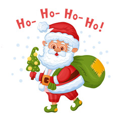 Funny cartoon Santa Claus. Happy character with Christmas tree and bag of presents. Grandfather delivers New Year gifts to children. Hand drawn isolated vector for print or holiday greeting card. 