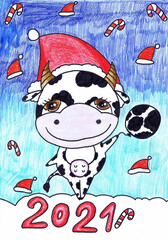 A bull in a Santa Claus hat holds a balloon. Children's drawing