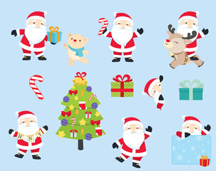 Santa Claus Christmas Design Elements Flat Cartoony Vector Illustration Christmas Tree Reindeer Design Set
