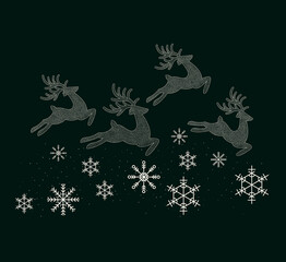 Christmas vector illustration.
New Year's reindeer are running along the trail of snowflakes.
Festive design for greeting card, background, poster, cover.