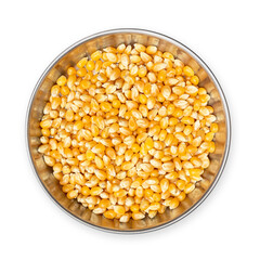 Pet food dish filled with corn kernels, top view. Concept for too much corn gluten meal in pet food, cats don't eat corn in nature or cats are carnivores. Isolated on white.