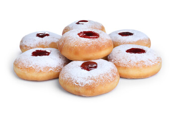 Hanukkah doughnuts with jelly and sugar powder on white background