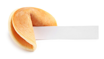 Traditional fortune cookie with prediction on white background
