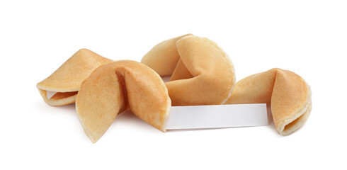 Traditional fortune cookies with prediction on white background