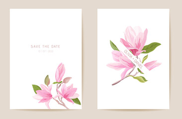Wedding invitation magnolia spring flowers, leaves. Floral card, tropic watercolor template vector