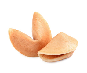 Tasty traditional fortune cookies on white background