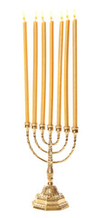 Golden menorah with burning candles on white background