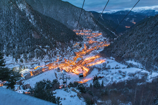 Cityscape of Arinsal, La Massana, Andorra in winter