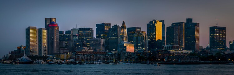 A panorama of the Boston skyline just after sunset