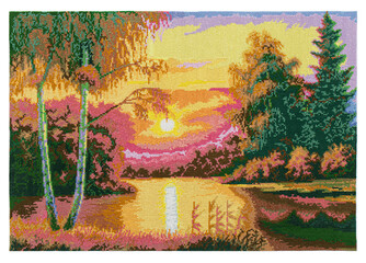 Embroidered picture, sunrise or sunset in the forest by the river, cross-stitch on textile canvas, isolated on white background