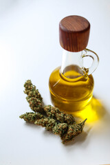 Jar with hemp oil, bud on white background, top view
Medical Cannabis concept