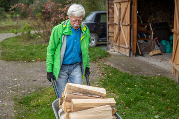 Senior man pushing a wheelbarrow full of the heavy pieces of firewood.