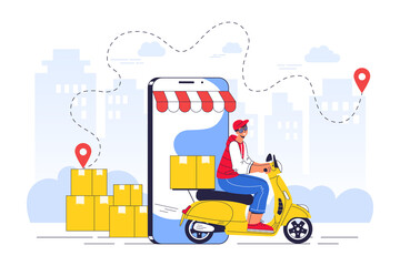 Online delivery service concept, online order tracking, delivery home and office. Warehouse, scooter, courier, delivery man. Cartoon character isolated. Flat vector illustration.