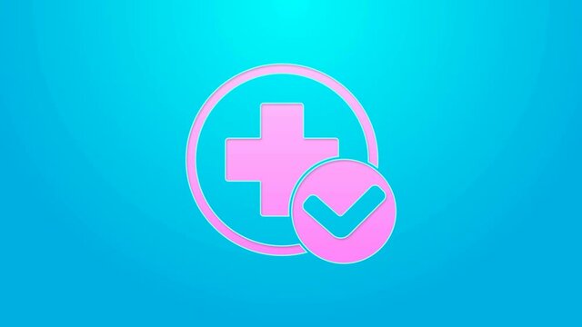 Pink line Cross hospital medical icon isolated on blue background. First aid. Diagnostics symbol. Medicine and pharmacy sign. 4K Video motion graphic animation