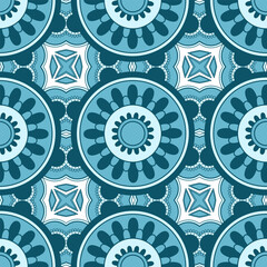 Ethnic tight vector pattern. Blue rhombus and circle mandalas