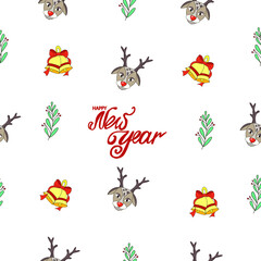 Seamless festive background. Deer head, mistletoe leaves, bells and the inscription 