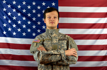 Us army soldier in camouflage uniform on the background of the us flag. Portrait of an American soldier