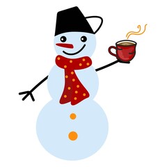 Cute snowman holding a cup and drinking coffee or tea. Vector isolated illustration on white background.