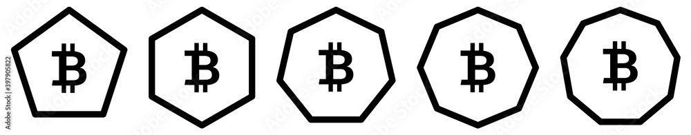 Poster bitcoin icon in polygons with different number of edges. btc cryptocurrency sign