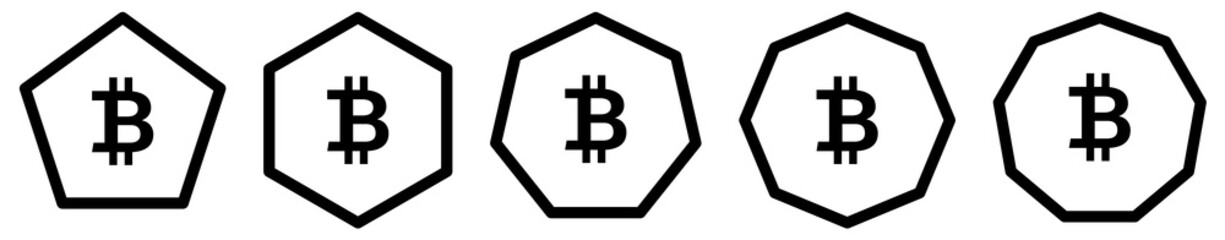 Obraz premium Bitcoin icon in polygons with different number of edges. BTC cryptocurrency sign