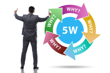 Five whys concept with businessman pressing virtual button