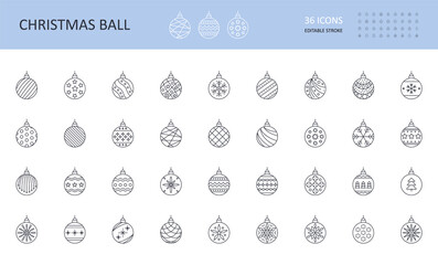 Vector icons of Christmas balls. New Year's toys set. Editable stroke. Hanging ball with different patterns, snowflakes christmas tree stars