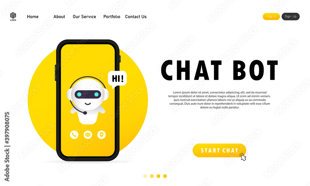 Poster chatbot in smartphone illustration. online assistant bot landing page template. dialog, message. tec