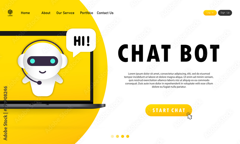Poster chatbot in laptop illustration. online assistant bot landing page template. dialog, message. technic