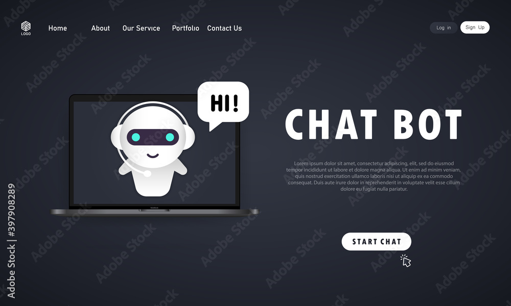 Poster chatbot in laptop illustration. online assistant bot landing page template. dialog, message. technic