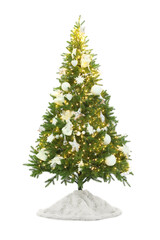 Decorated Christmas tree with faux fur skirt isolated on white