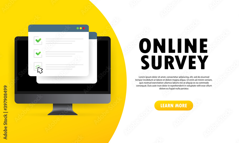 Poster online survey illustration. check list online form on computer. report on website or web internet su